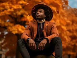 afrikanisch Mann im emotional dynamisch Pose auf Herbst Hintergrund ai generativ foto