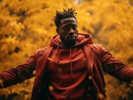 afrikanisch Mann im emotional dynamisch Pose auf Herbst Hintergrund ai generativ foto