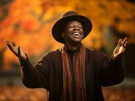 afrikanisch Mann im emotional dynamisch Pose auf Herbst Hintergrund ai generativ foto