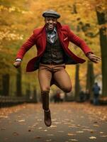 afrikanisch Mann im emotional dynamisch Pose auf Herbst Hintergrund ai generativ foto