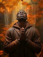 afrikanisch Mann im emotional dynamisch Pose auf Herbst Hintergrund ai generativ foto