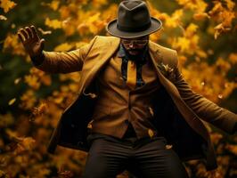 afrikanisch Mann im emotional dynamisch Pose auf Herbst Hintergrund ai generativ foto