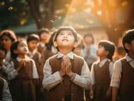 asiatisch Kind im emotional dynamisch Pose im Schule ai generativ foto