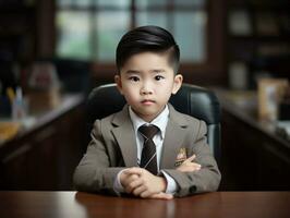 asiatisch Kind im emotional dynamisch Pose im Schule ai generativ foto