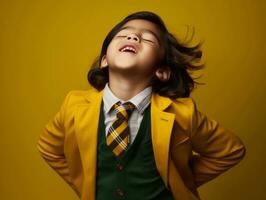 asiatisch Kind im emotional dynamisch Pose im Schule ai generativ foto