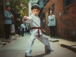 asiatisch Kind im emotional dynamisch Pose im Schule ai generativ foto