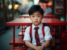 asiatisch Kind im emotional dynamisch Pose im Schule ai generativ foto