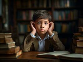 asiatisch Kind im emotional dynamisch Pose im Schule ai generativ foto