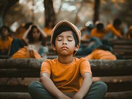 asiatisch Kind im emotional dynamisch Pose im Schule ai generativ foto