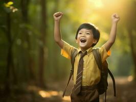 asiatisch Kind im emotional dynamisch Pose im Schule ai generativ foto