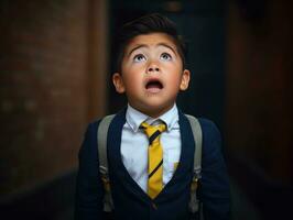 asiatisch Kind im emotional dynamisch Pose im Schule ai generativ foto