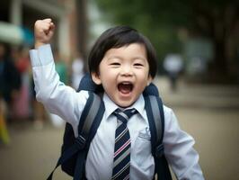 asiatisch Kind im emotional dynamisch Pose im Schule ai generativ foto