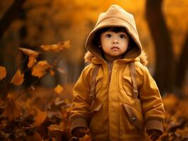 asiatisch Kind im emotional dynamisch Pose auf Herbst Hintergrund ai generativ foto