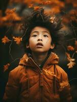 asiatisch Kind im emotional dynamisch Pose auf Herbst Hintergrund ai generativ foto