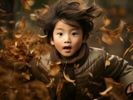 asiatisch Kind im emotional dynamisch Pose auf Herbst Hintergrund ai generativ foto