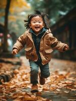 asiatisch Kind im emotional dynamisch Pose auf Herbst Hintergrund ai generativ foto