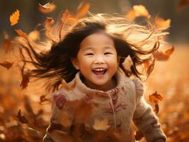 asiatisch Kind im emotional dynamisch Pose auf Herbst Hintergrund ai generativ foto