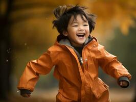 asiatisch Kind im emotional dynamisch Pose auf Herbst Hintergrund ai generativ foto