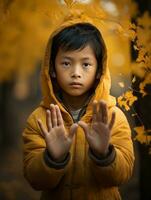 asiatisch Kind im emotional dynamisch Pose auf Herbst Hintergrund ai generativ foto