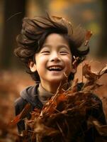 asiatisch Kind im emotional dynamisch Pose auf Herbst Hintergrund ai generativ foto