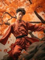 asiatisch Kind im emotional dynamisch Pose auf Herbst Hintergrund ai generativ foto