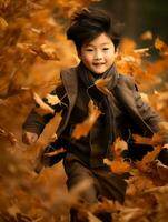 asiatisch Kind im emotional dynamisch Pose auf Herbst Hintergrund ai generativ foto