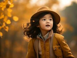 asiatisch Kind im emotional dynamisch Pose auf Herbst Hintergrund ai generativ foto