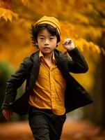 asiatisch Kind im emotional dynamisch Pose auf Herbst Hintergrund ai generativ foto