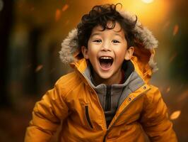 asiatisch Kind im emotional dynamisch Pose auf Herbst Hintergrund ai generativ foto