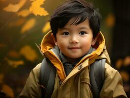 asiatisch Kind im emotional dynamisch Pose auf Herbst Hintergrund ai generativ foto