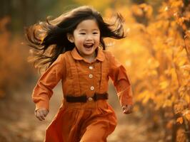 asiatisch Kind im emotional dynamisch Pose auf Herbst Hintergrund ai generativ foto