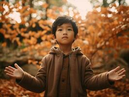 asiatisch Kind im emotional dynamisch Pose auf Herbst Hintergrund ai generativ foto