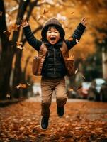 asiatisch Kind im emotional dynamisch Pose auf Herbst Hintergrund ai generativ foto