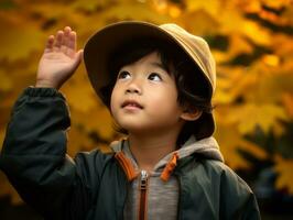 asiatisch Kind im emotional dynamisch Pose auf Herbst Hintergrund ai generativ foto