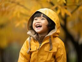 asiatisch Kind im emotional dynamisch Pose auf Herbst Hintergrund ai generativ foto