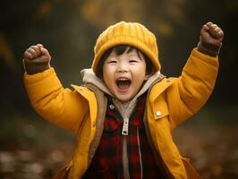 asiatisch Kind im emotional dynamisch Pose auf Herbst Hintergrund ai generativ foto