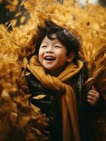 asiatisch Kind im emotional dynamisch Pose auf Herbst Hintergrund ai generativ foto