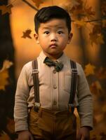 asiatisch Kind im emotional dynamisch Pose auf Herbst Hintergrund ai generativ foto