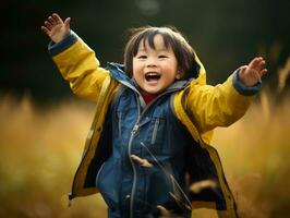 asiatisch Kind im emotional dynamisch Pose auf Herbst Hintergrund ai generativ foto