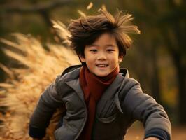 asiatisch Kind im emotional dynamisch Pose auf Herbst Hintergrund ai generativ foto