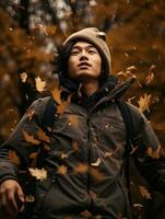 Foto von emotional dynamisch Pose asiatisch Mann im Herbst ai generativ