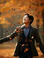 Foto von emotional dynamisch Pose asiatisch Mann im Herbst ai generativ