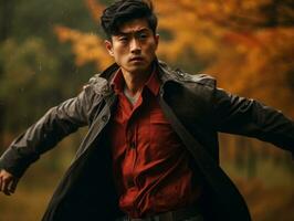 Foto von emotional dynamisch Pose asiatisch Mann im Herbst ai generativ