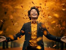 Foto von emotional dynamisch Pose asiatisch Mann im Herbst ai generativ