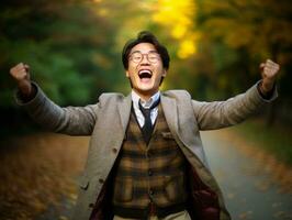 Foto von emotional dynamisch Pose asiatisch Mann im Herbst ai generativ