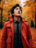 Foto von emotional dynamisch Pose asiatisch Mann im Herbst ai generativ