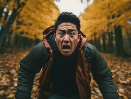 Foto von emotional dynamisch Pose asiatisch Mann im Herbst ai generativ