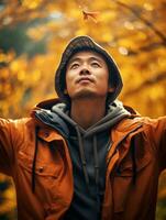 Foto von emotional dynamisch Pose asiatisch Mann im Herbst ai generativ