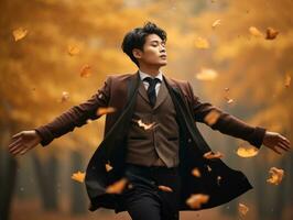 Foto von emotional dynamisch Pose asiatisch Mann im Herbst ai generativ