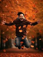 Foto von emotional dynamisch Pose asiatisch Mann im Herbst ai generativ